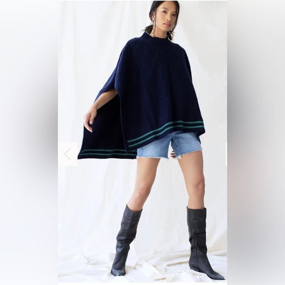 New Free People Harbour Stripe Cable Poncho Navy One Size Cape Sweater - Picture 2 of 7